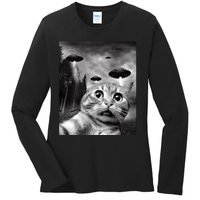 Alien UFO Funny Cat Selfie Ladies Long Sleeve Shirt