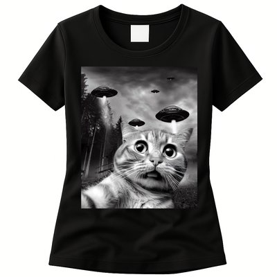 Alien UFO Funny Cat Selfie Womens T-Shirt