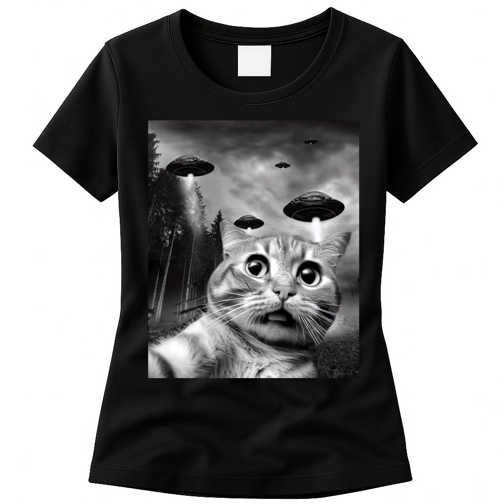 Alien UFO Funny Cat Selfie Womens T-Shirt
