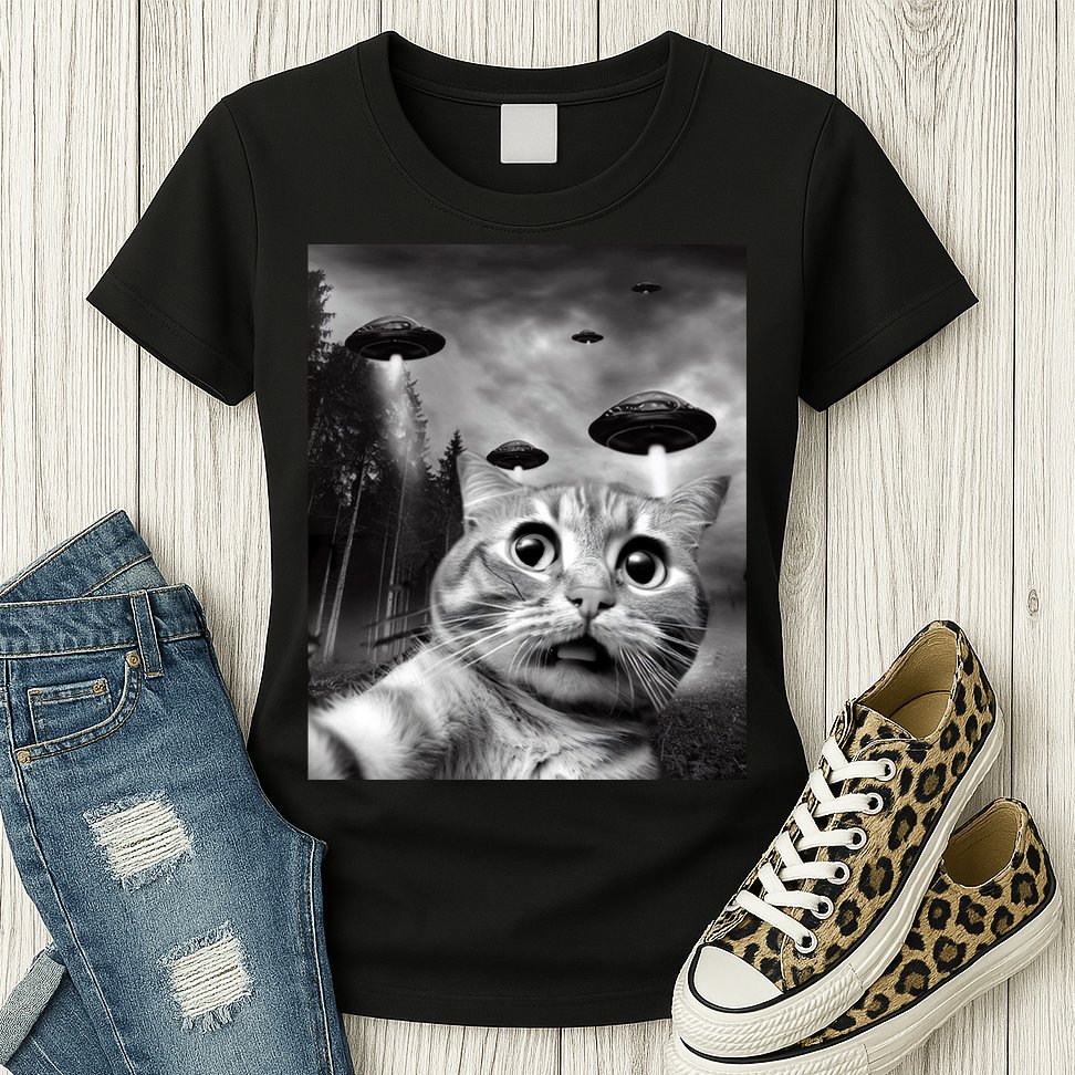 Alien UFO Funny Cat Selfie Womens T-Shirt