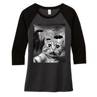 Alien UFO Funny Cat Selfie Women's Tri-Blend 3/4-Sleeve Raglan Shirt