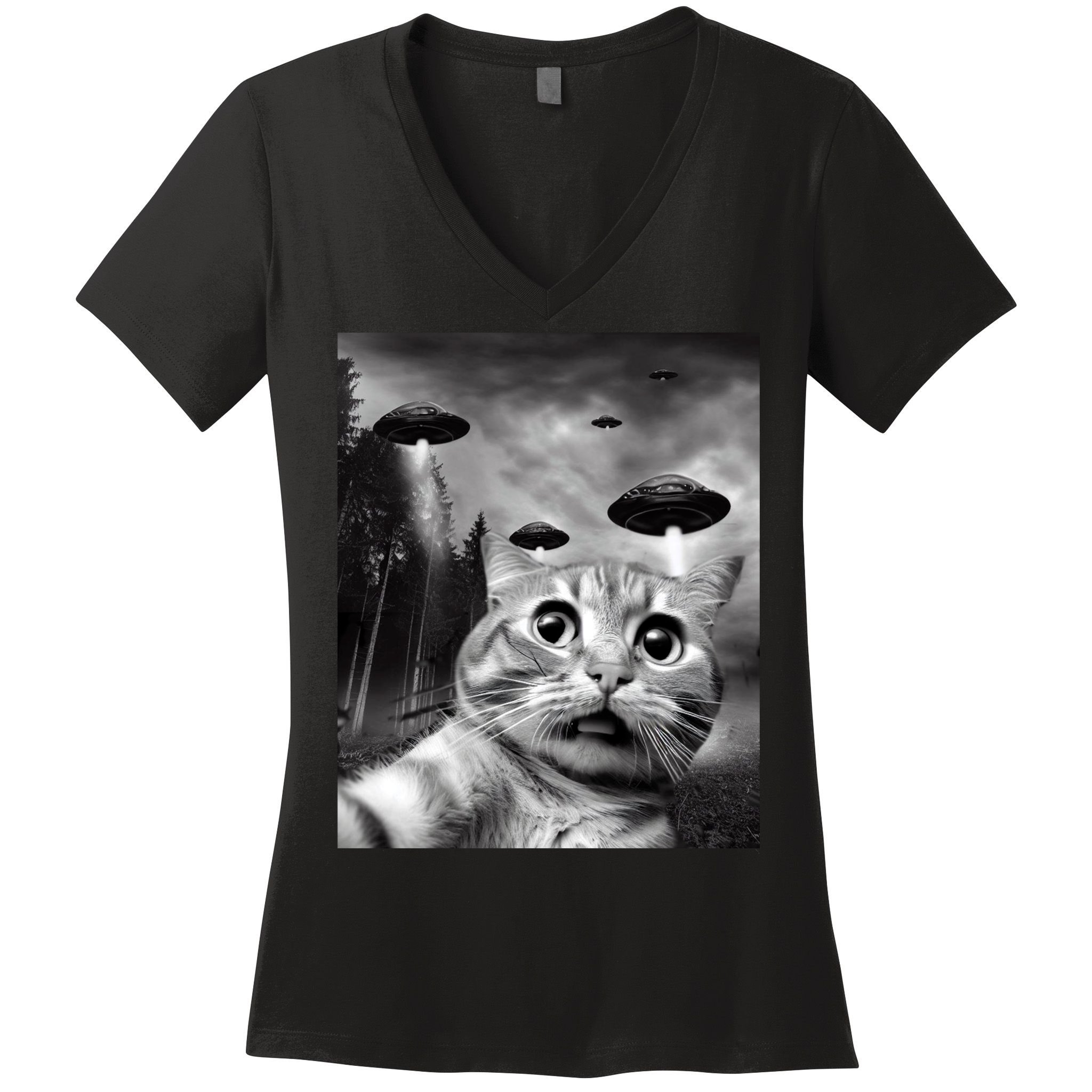 Alien UFO Funny Cat Selfie Women's V-Neck T-Shirt