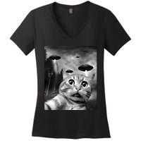 Alien UFO Funny Cat Selfie Women's V-Neck T-Shirt