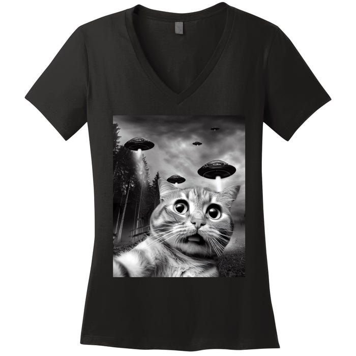 Alien UFO Funny Cat Selfie Women's V-Neck T-Shirt