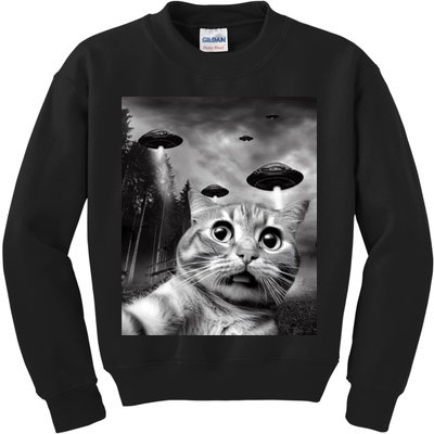 Alien UFO Funny Cat Selfie Kids Sweatshirt