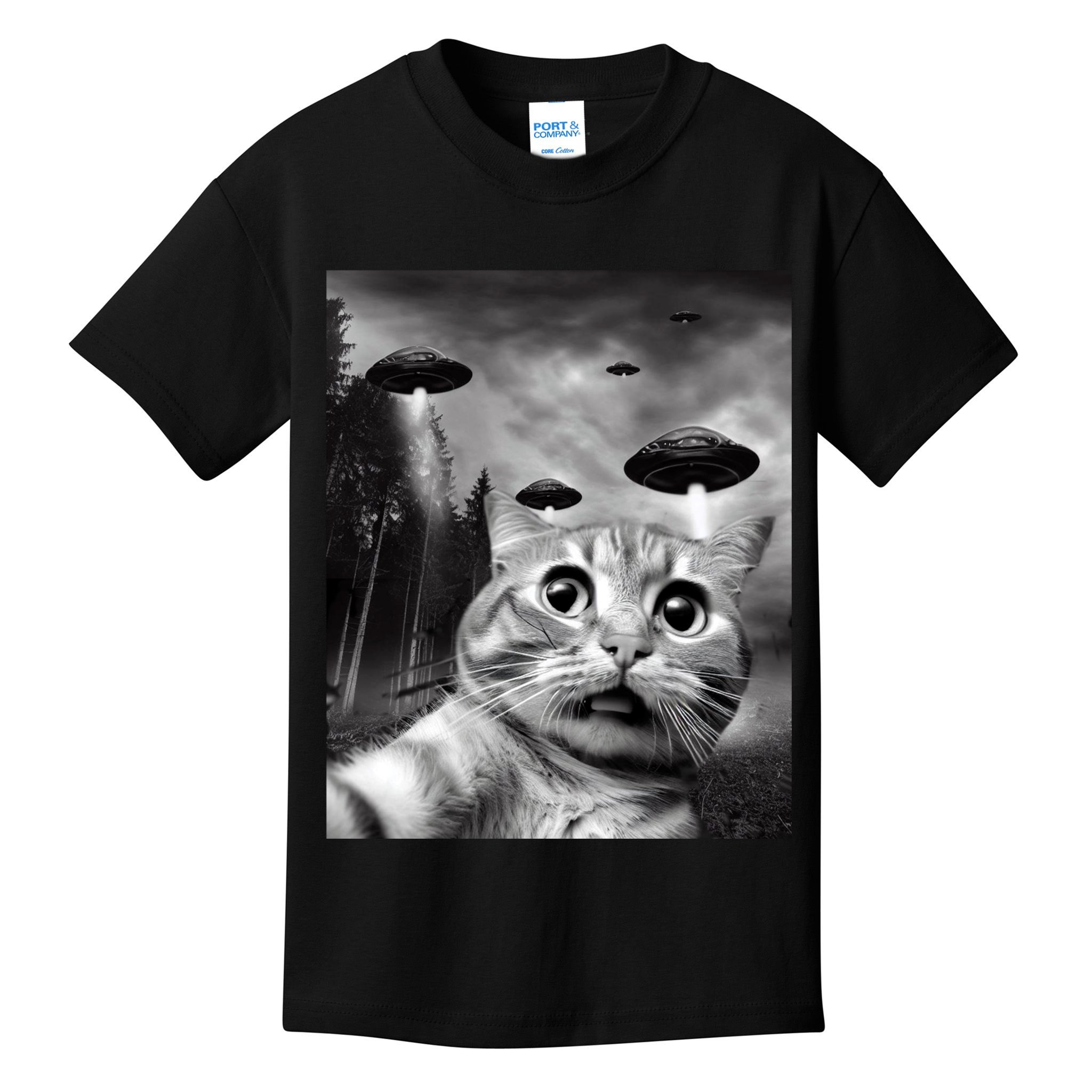Alien UFO Funny Cat Selfie Kids T-Shirt