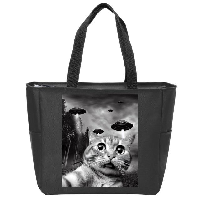 Alien UFO Funny Cat Selfie Zip Tote Bag