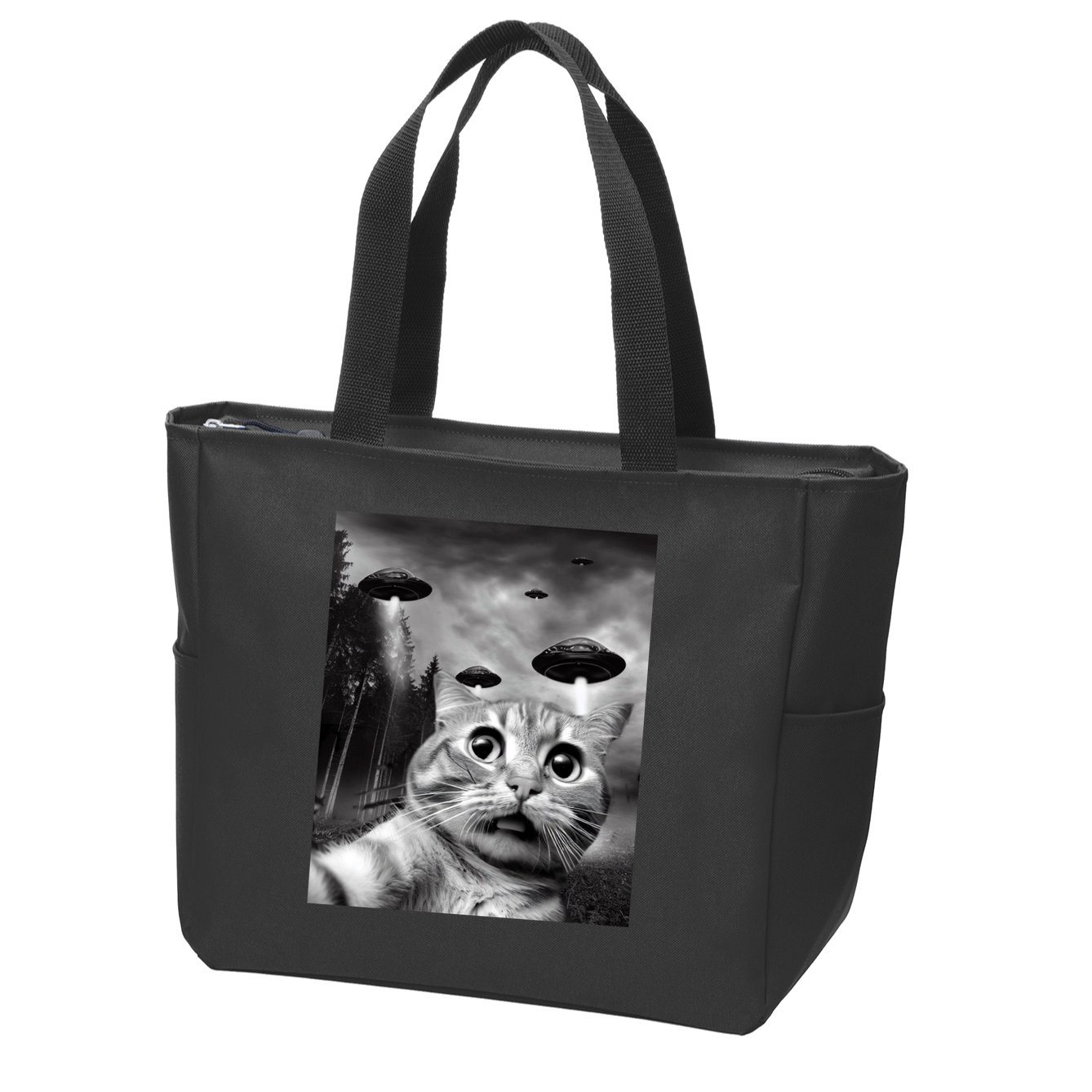 Alien UFO Funny Cat Selfie Zip Tote Bag