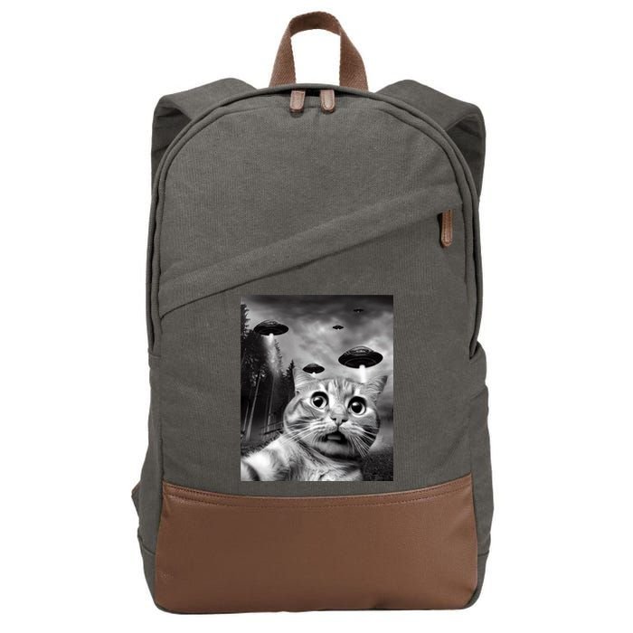 Alien UFO Funny Cat Selfie Cotton Canvas Backpack