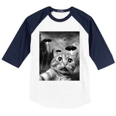 Alien UFO Funny Cat Selfie Baseball Sleeve Shirt