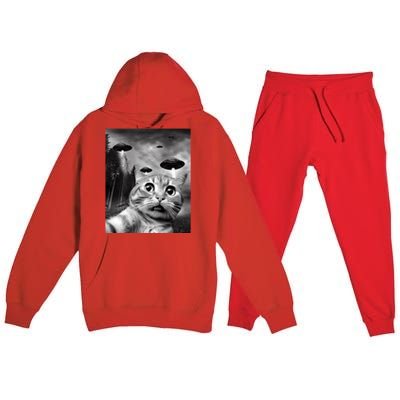 Alien UFO Funny Cat Selfie Premium Hooded Sweatsuit Set