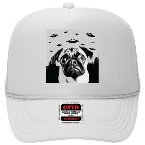 Alien UFO Funny Pug Dog Lover Men Women Kids High Crown Mesh Back Trucker Hat