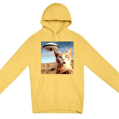 Alien UFO Funny Cat Selfie Premium Pullover Hoodie