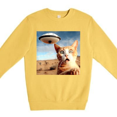 Alien UFO Funny Cat Selfie Premium Crewneck Sweatshirt