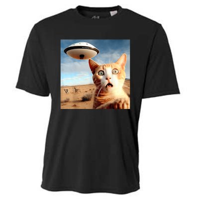 Alien UFO Funny Cat Selfie Cooling Performance Crew T-Shirt