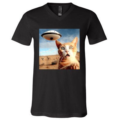 Alien UFO Funny Cat Selfie V-Neck T-Shirt