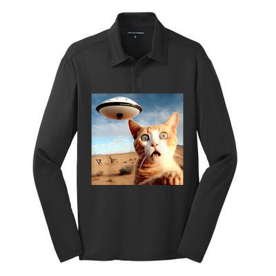 Alien UFO Funny Cat Selfie Silk Touch Performance Long Sleeve Polo