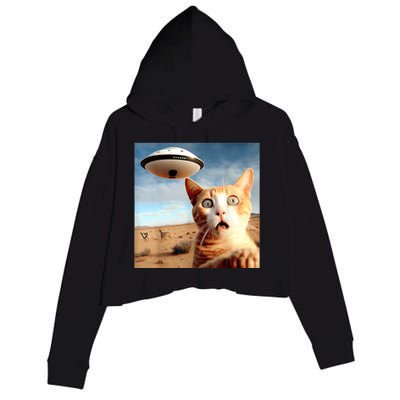 Alien UFO Funny Cat Selfie Crop Fleece Hoodie