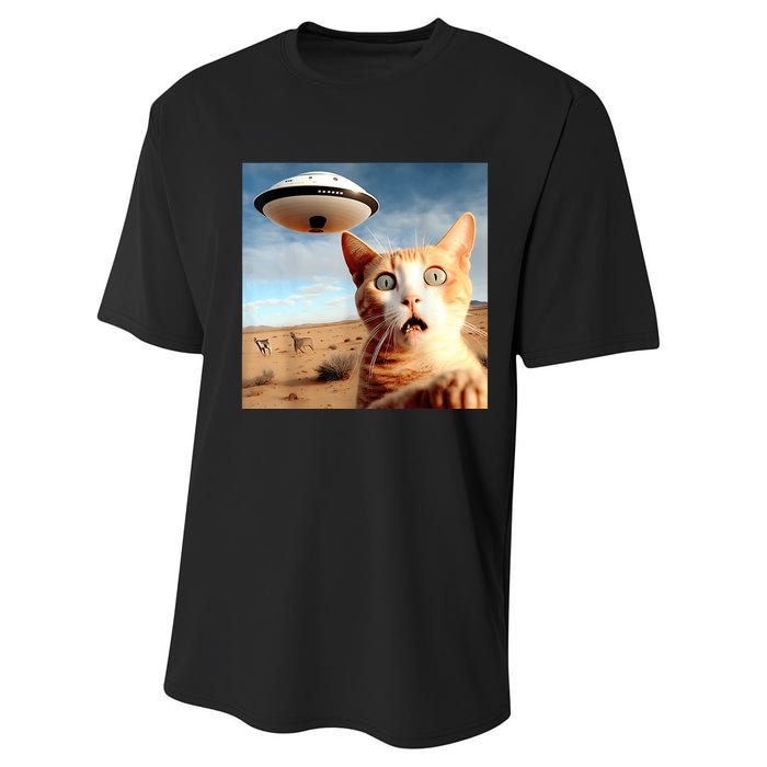 Alien UFO Funny Cat Selfie Performance Sprint T-Shirt