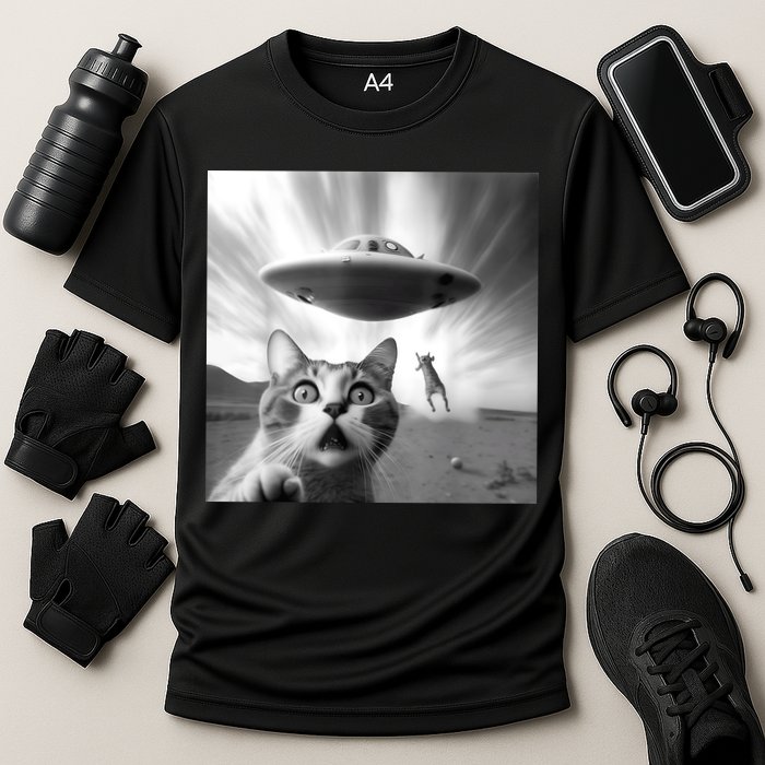 Alien UFO Funny Cat Selfie Cooling Performance Crew T-Shirt