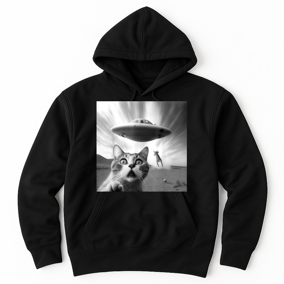 Alien UFO Funny Cat Selfie Hoodie