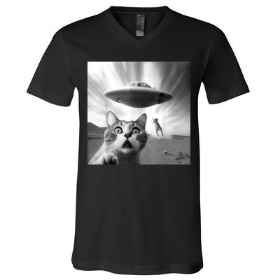 Alien UFO Funny Cat Selfie V-Neck T-Shirt