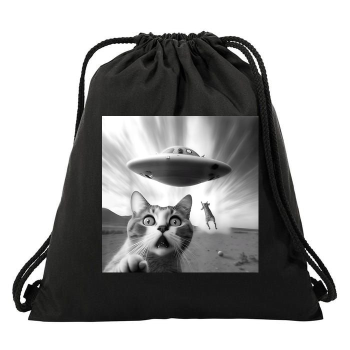 Alien UFO Funny Cat Selfie Drawstring Bag
