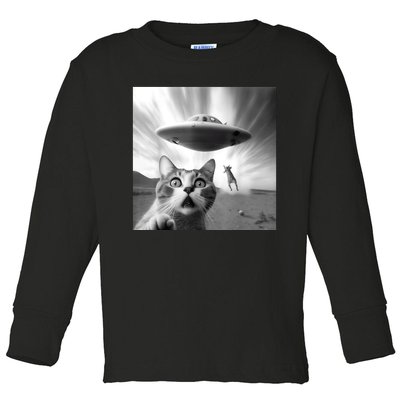 Alien UFO Funny Cat Selfie Toddler Long Sleeve Shirt