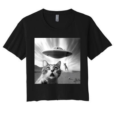 Alien UFO Funny Cat Selfie Women's Crop Top Tee