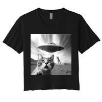 Alien UFO Funny Cat Selfie Women's Crop Top Tee