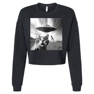 Alien UFO Funny Cat Selfie Cropped Pullover Crew
