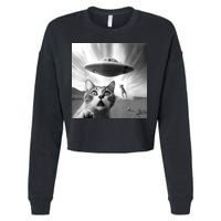 Alien UFO Funny Cat Selfie Cropped Pullover Crew