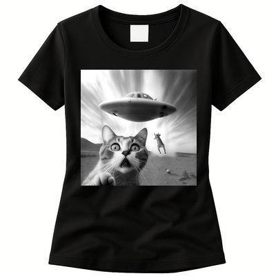 Alien UFO Funny Cat Selfie Womens T-Shirt