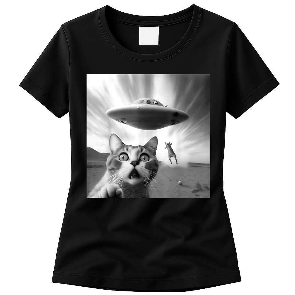 Alien UFO Funny Cat Selfie Womens T-Shirt