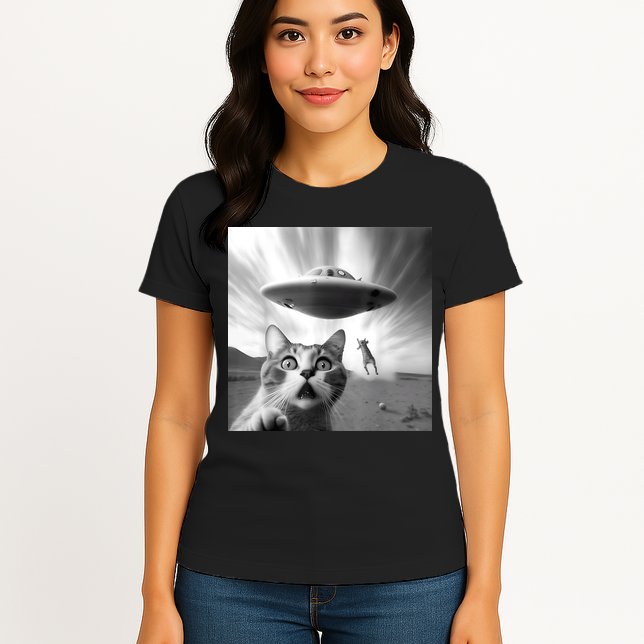 Alien UFO Funny Cat Selfie Womens T-Shirt