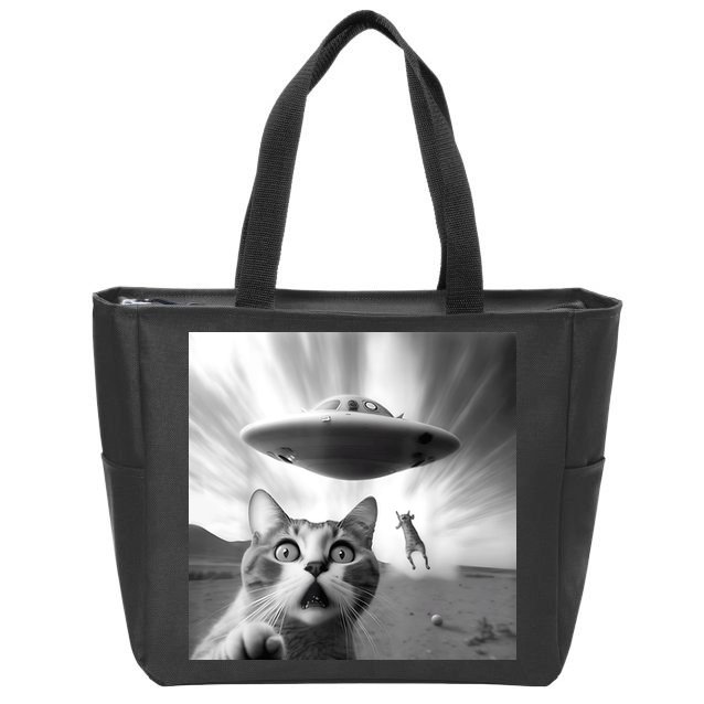 Alien UFO Funny Cat Selfie Zip Tote Bag
