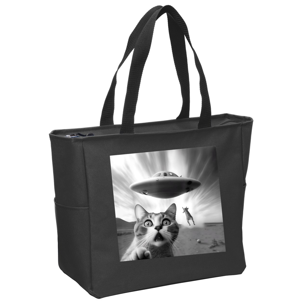 Alien UFO Funny Cat Selfie Zip Tote Bag