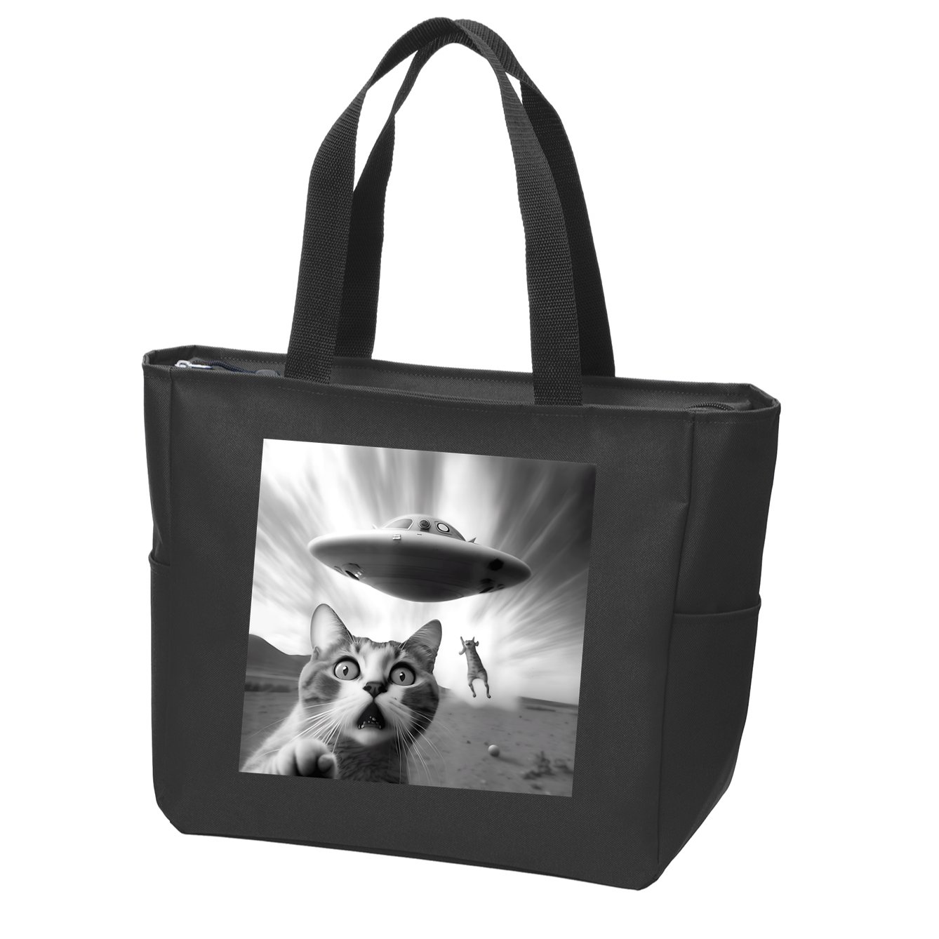 Alien UFO Funny Cat Selfie Zip Tote Bag