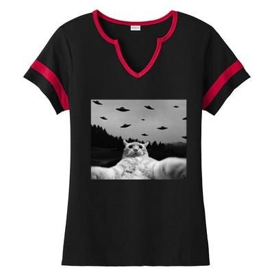 Alien UFO Funny Cat Ladies Halftime Notch Neck Tee