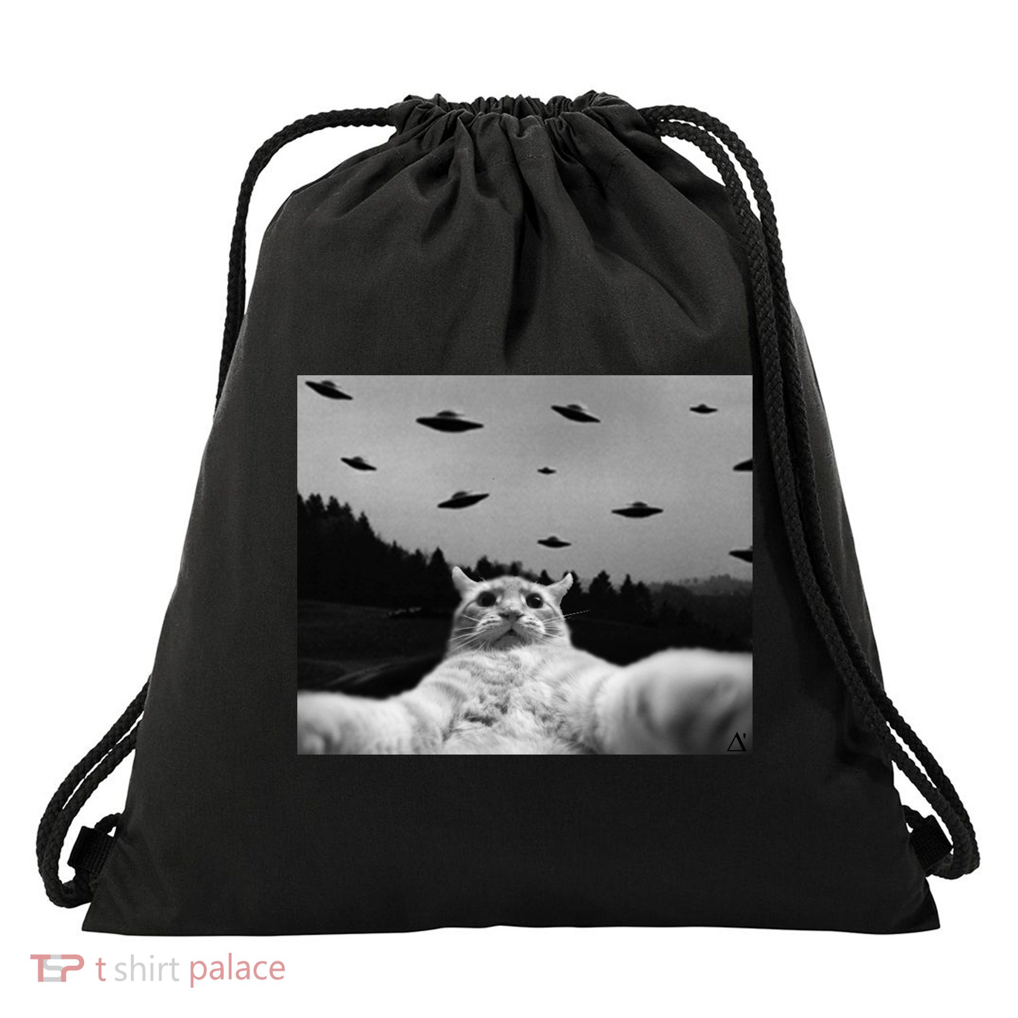 Alien UFO Funny Cat Drawstring Bag