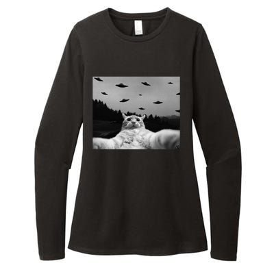 Alien UFO Funny Cat Womens CVC Long Sleeve Shirt