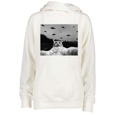 Alien UFO Funny Cat Womens Funnel Neck Pullover Hood