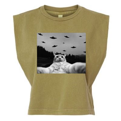 Alien UFO Funny Cat Garment-Dyed Women's Muscle Tee