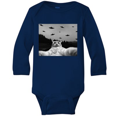 Alien UFO Funny Cat Baby Long Sleeve Bodysuit