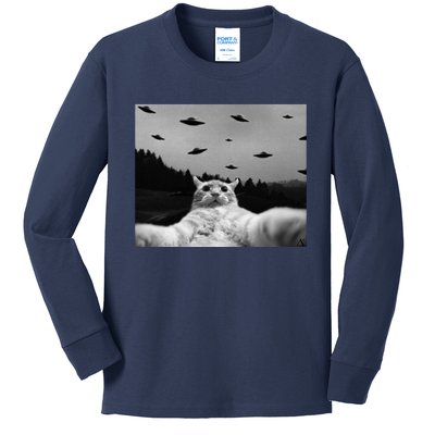 Alien UFO Funny Cat Kids Long Sleeve Shirt