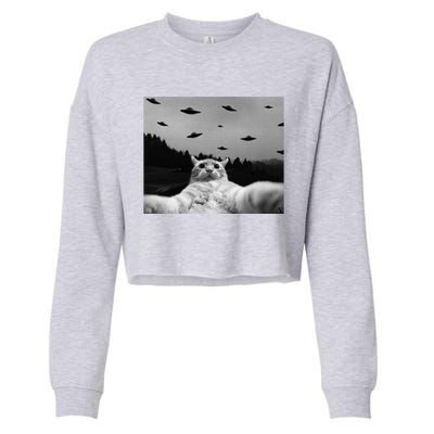 Alien UFO Funny Cat Cropped Pullover Crew