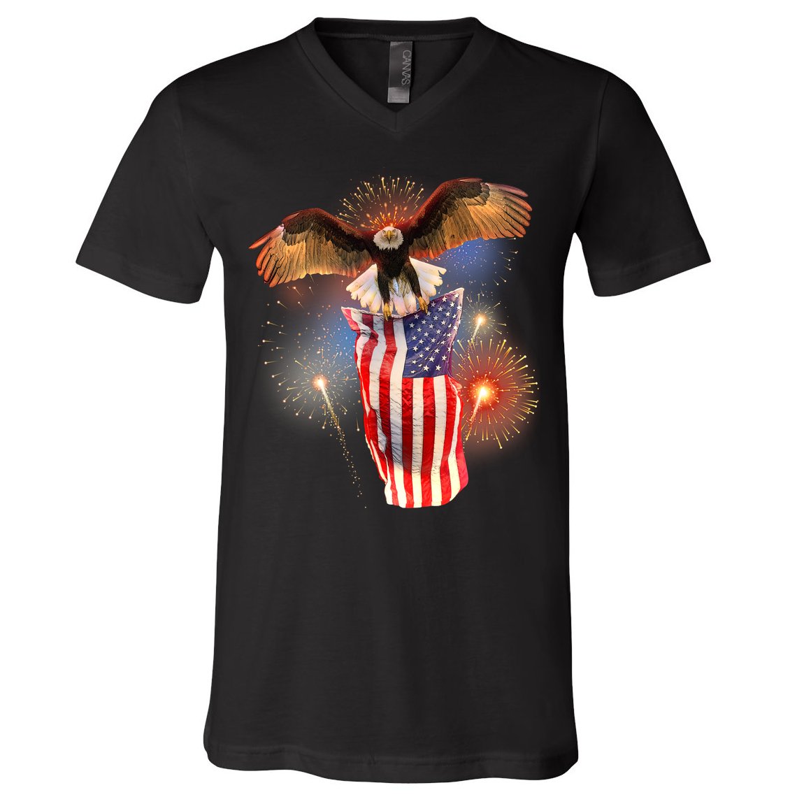 America USA Flag Eagle Fireworks V-Neck T-Shirt