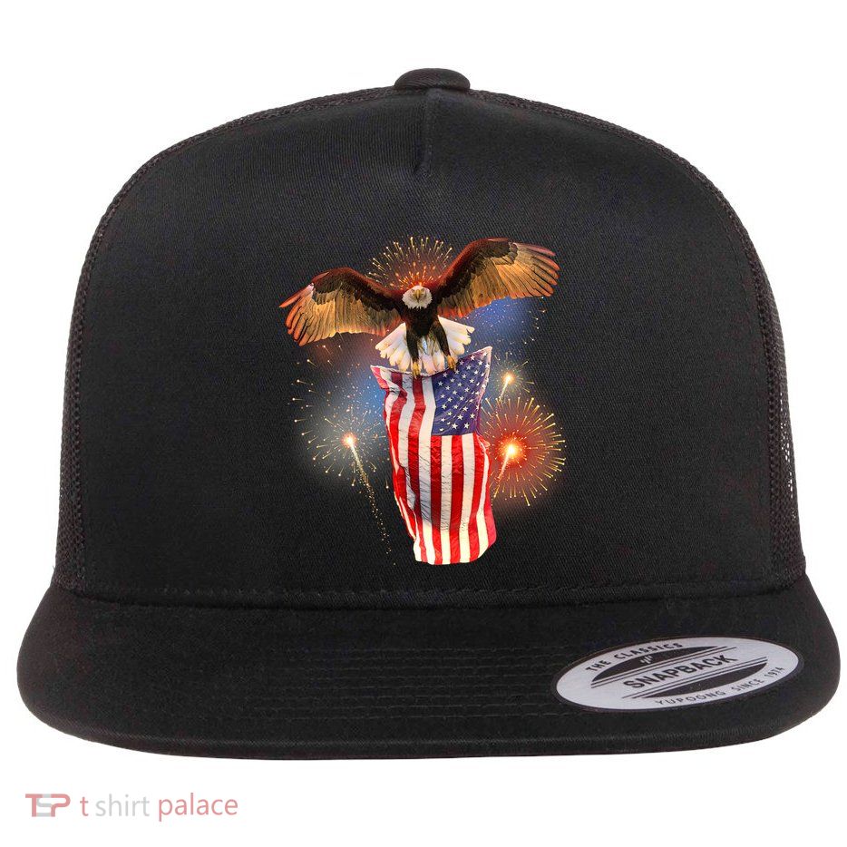 America USA Flag Eagle Fireworks Flat Bill Trucker Hat