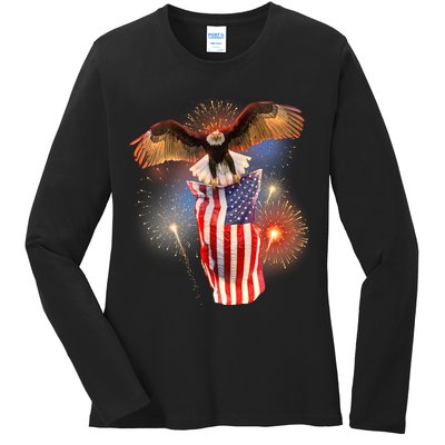 America USA Flag Eagle Fireworks Ladies Long Sleeve Shirt