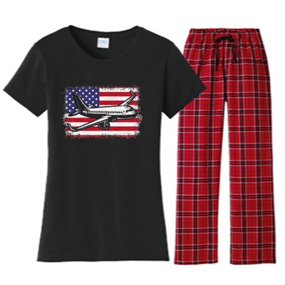 Airplane Us Flag Pilot Aviation Women's Flannel Pajama Set